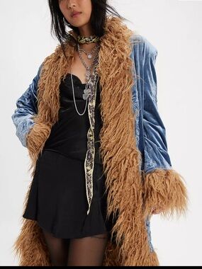 UNDERSTATED LEATHER FOR FREE PEOPLE MOON GLOW COAT IN BLUE AND TAN SIZE SMALL